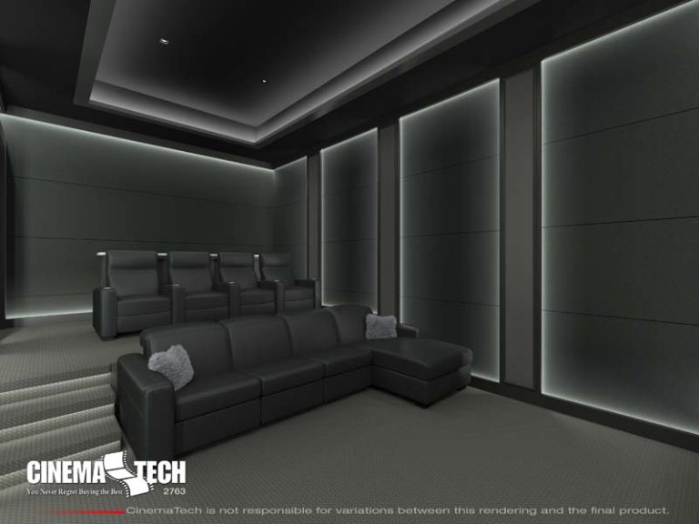 Modern Home Theater with Black Leather Recliners
